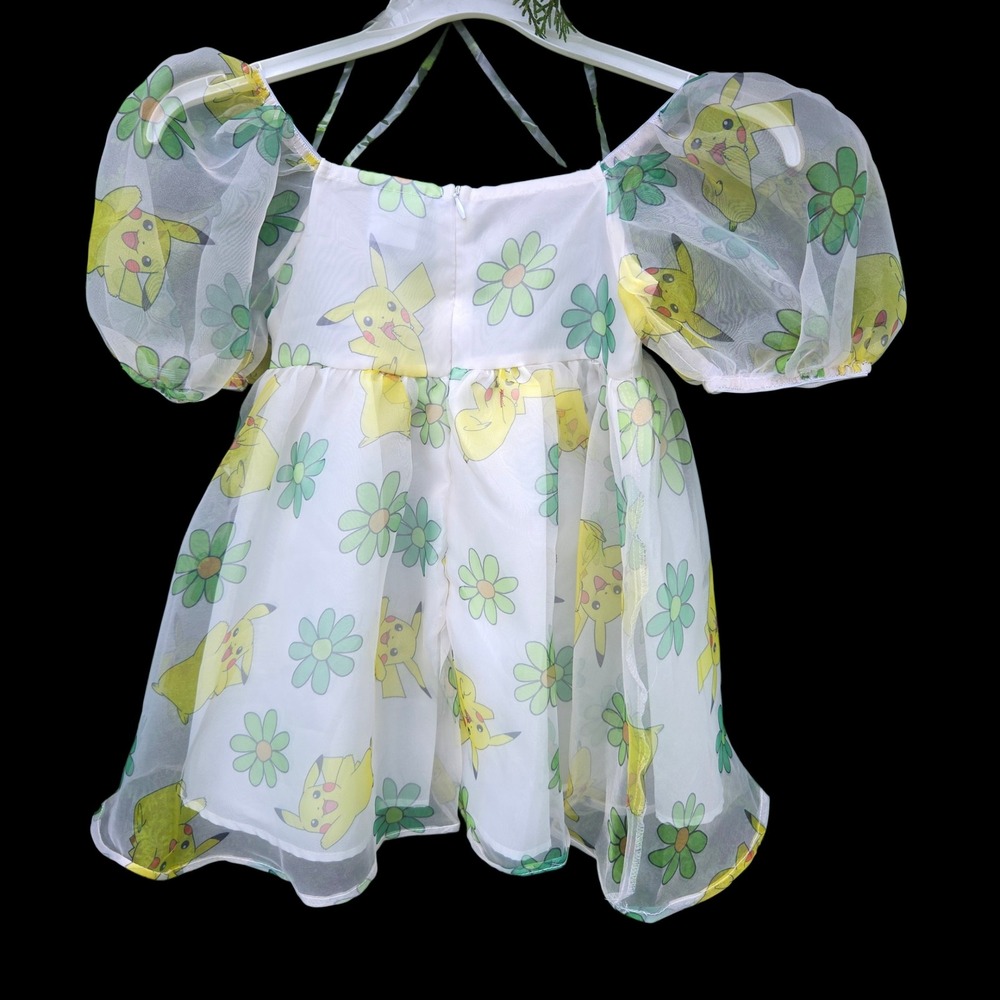 NWT Pikachu Pokemon Girls Organza Puff Sleeve Floral Dress - Sz S 6/7 - Picture 2 of 2
